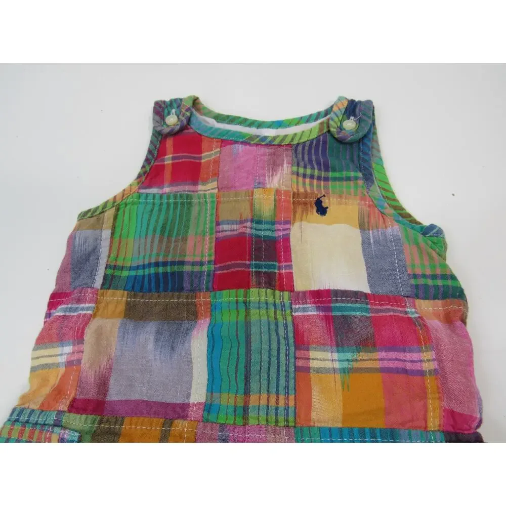 Ralph Lauren 9M Baby Boy Cotton Madras Overall Patchwork Unisex Bibs Rainbow
